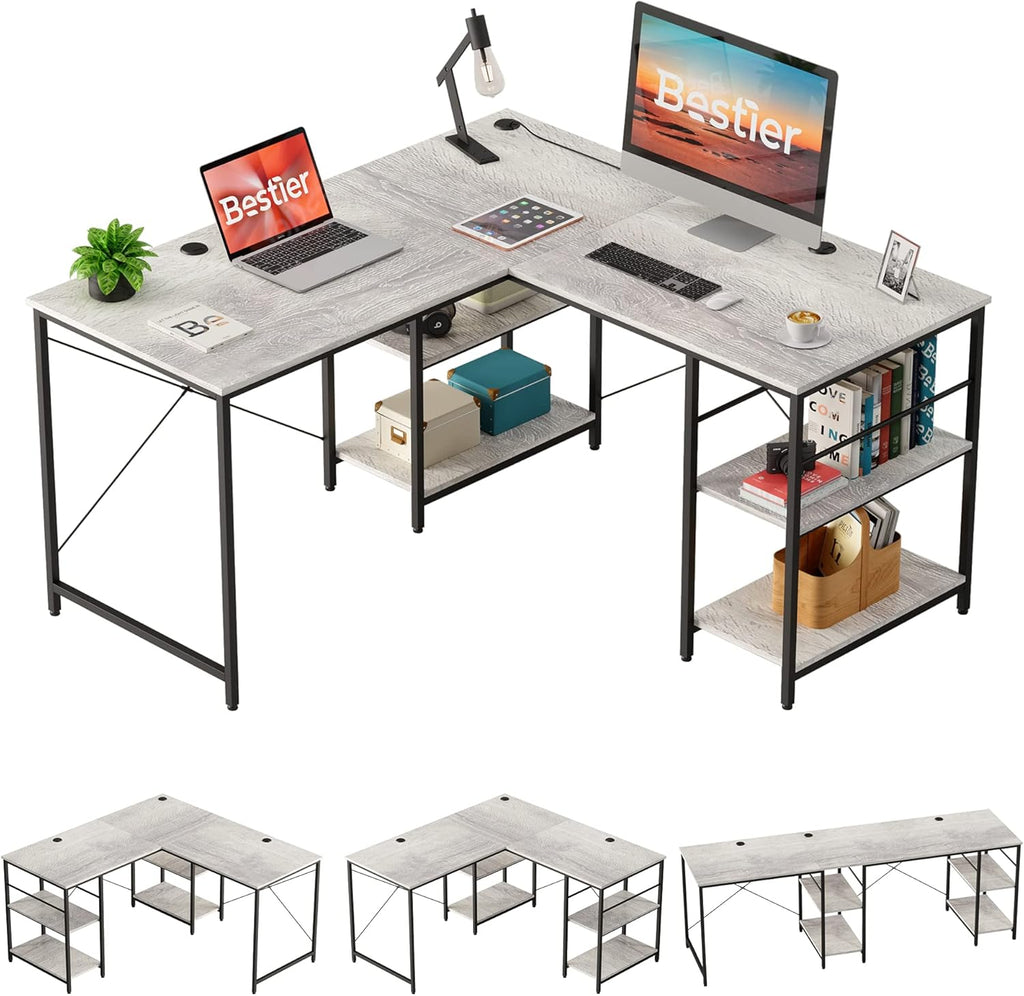 95.2 Inch Reversible L Shaped Desk with Shelves Grey Oak N61178
