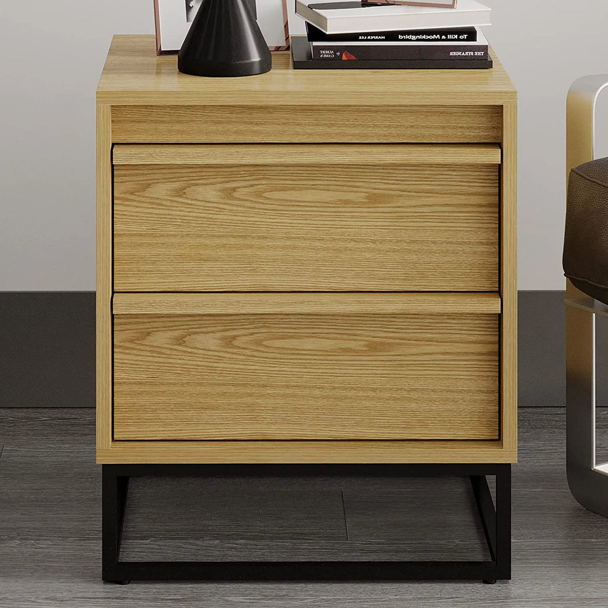 Natural Oak Solid Wood Nightstand with Two Drawers M283776
