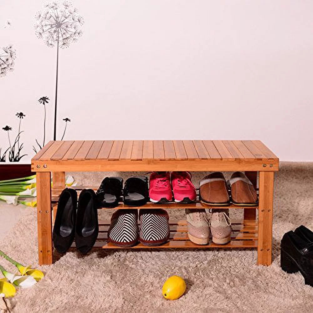 Natural Bamboo Shoe Bench Shoe Rack Organizer C963043