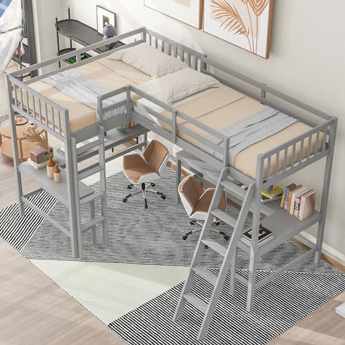 Grey Twin Size L-Shaped Loft Bed with Desk and Guardrails Z797998