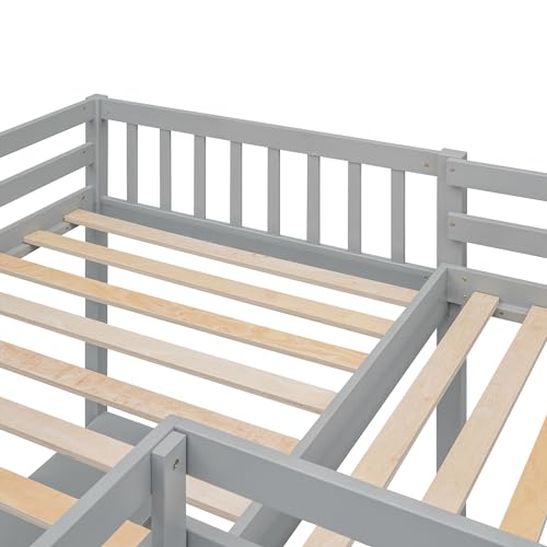 Grey Twin Size L-Shaped Loft Bed with Desk and Guardrails Z797998