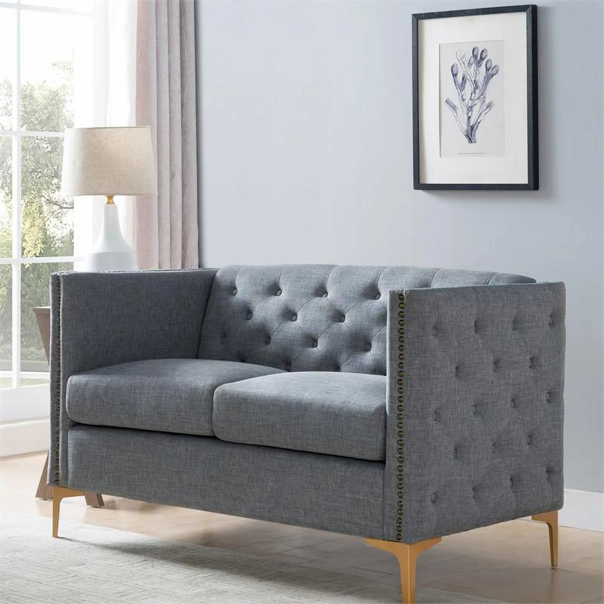 Light Gray Tufted Fabric Loveseat J5985
