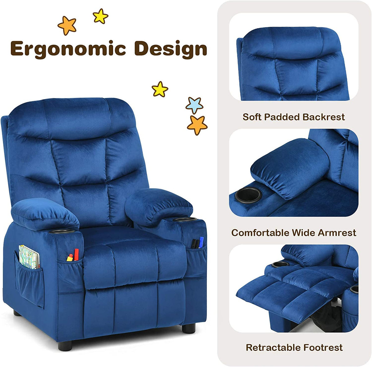 Kids Recliner Chair with Cup Holder Adjustable Velvet Lounge Chair w/Footrest & Side Pockets Ergonomic Toddler Furniture Sofa R8694