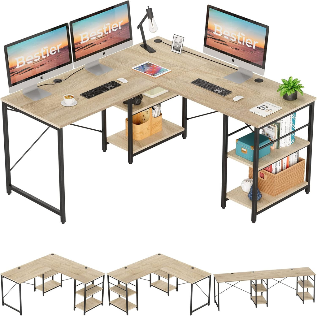 95.2 Inch Reversible L Shaped Desk with Shelves Grey Oak N61178