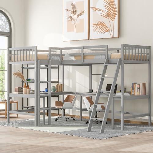 Grey Twin Size L-Shaped Loft Bed with Desk and Guardrails Z797998
