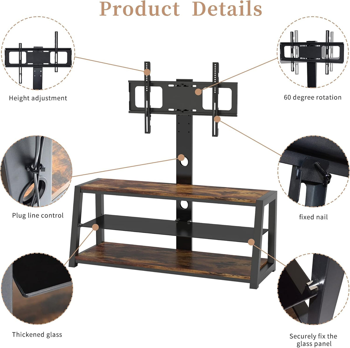 Swivel Floor TV Stand with Adjustable Tempered Wooden Shelves B789