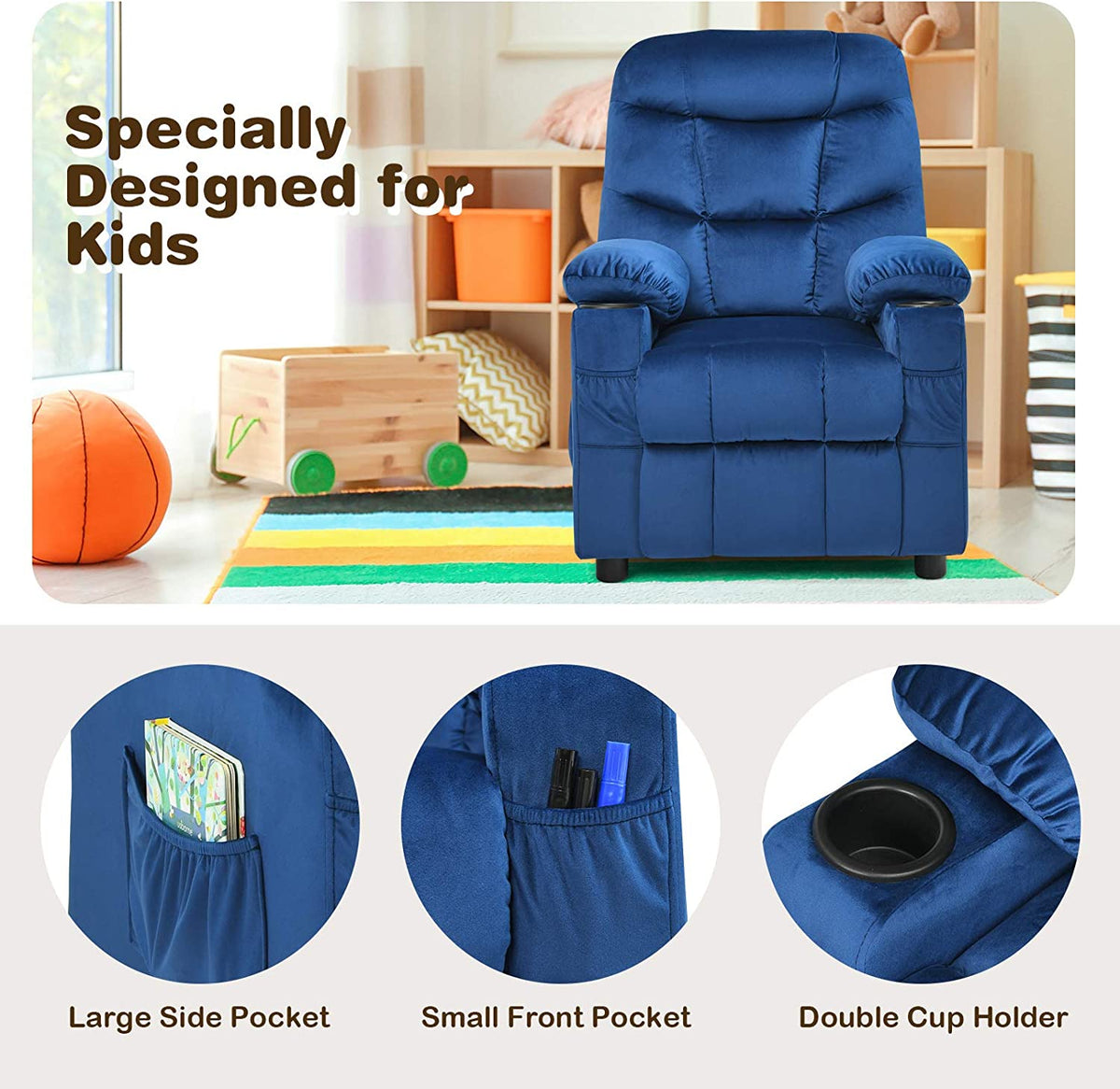 Kids Recliner Chair with Cup Holder Adjustable Velvet Lounge Chair w/Footrest & Side Pockets Ergonomic Toddler Furniture Sofa R8694