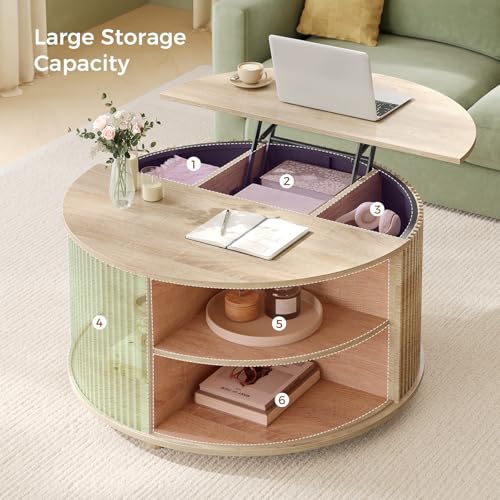 Round Lift Top Coffee Table with Hidden Storage and Open Shelves, Oak T41419