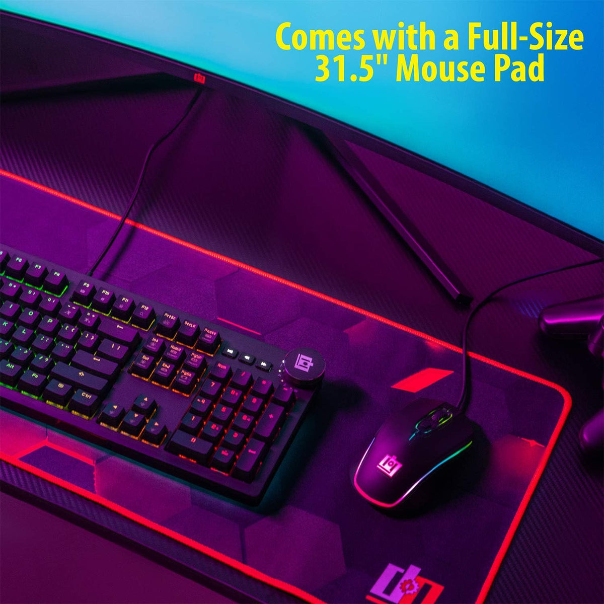 Ultrawide Curved LED Computer Desk, Waterproof Carbon-Fiber Surface, 6-Color RGB Lighting Accents, Cup Holder, 31.5 Mouse Pad X650412