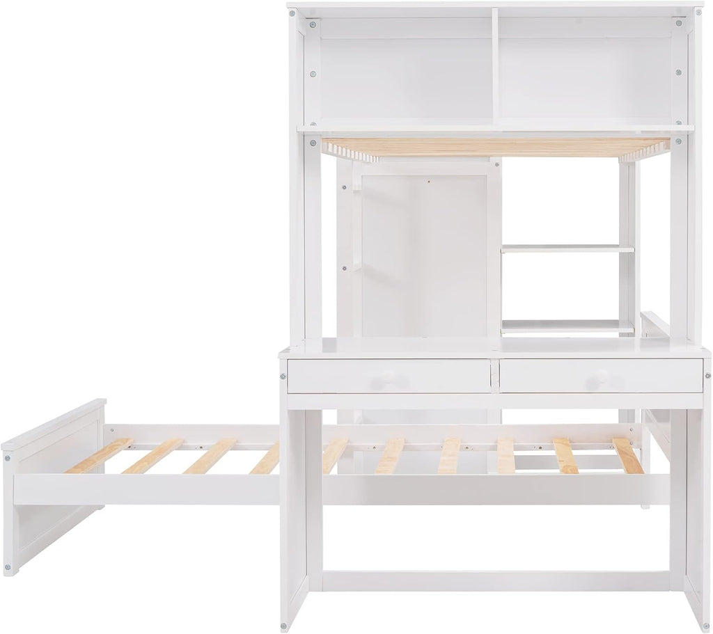 White Twin Wooden Bunk Loft Bed with Shelves Desk and Wardrobe D587