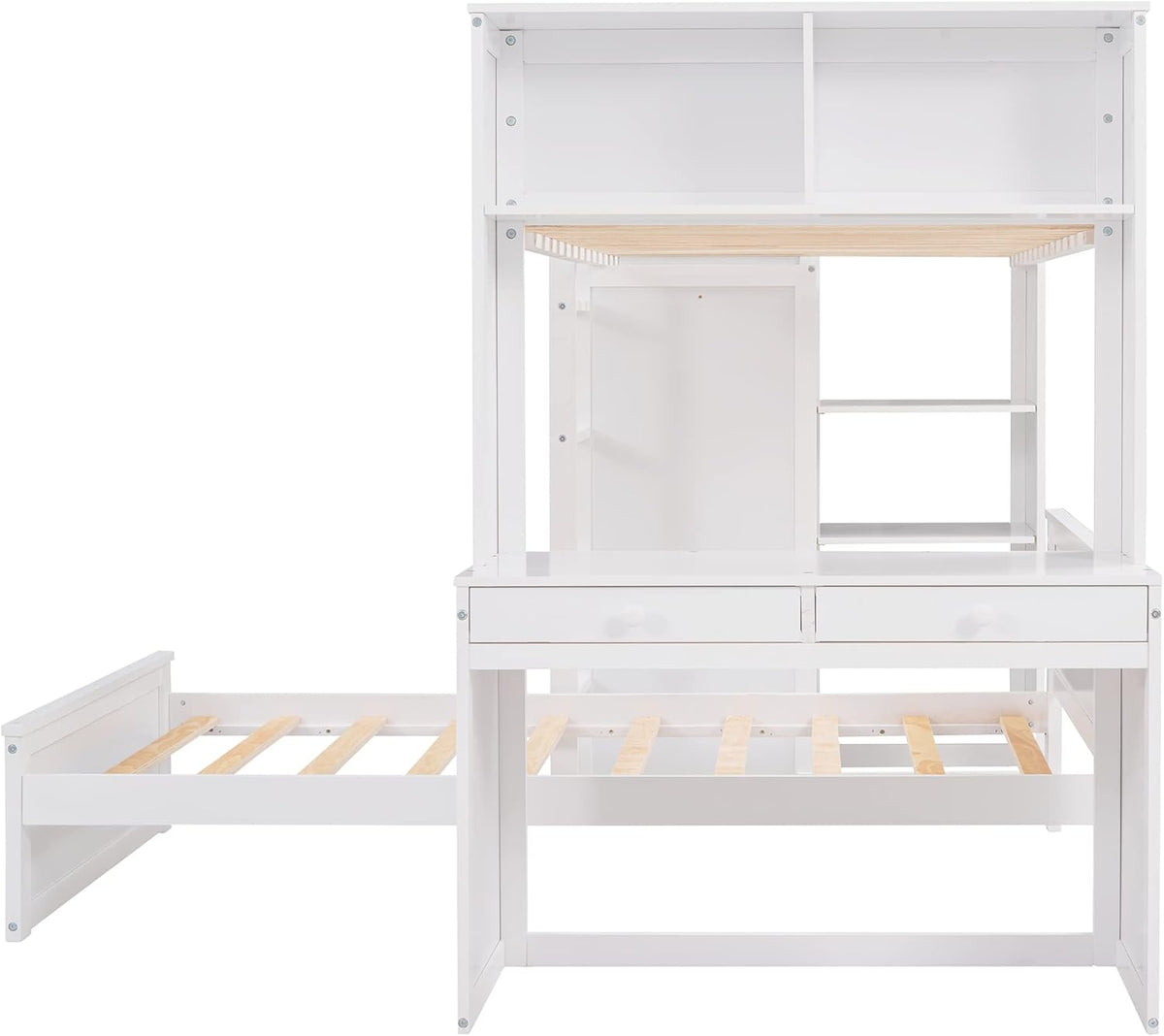 White Twin Wooden Bunk Loft Bed with Shelves Desk and Wardrobe D587