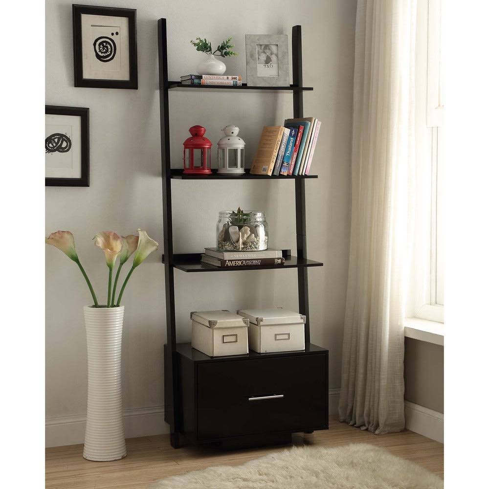 Dark Walnut Ladder Bookcase with File Drawer Q8120
