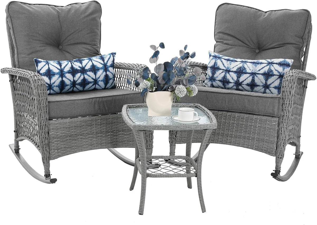 3-Piece Wicker Outdoor Rocking Chairs with Cushions and Table E613