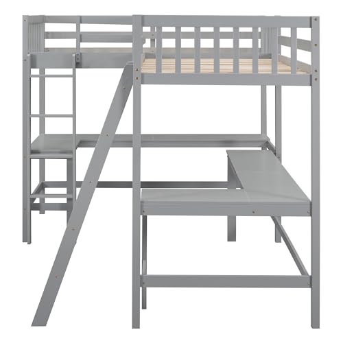 Grey Twin Size L-Shaped Loft Bed with Desk and Guardrails Z797998