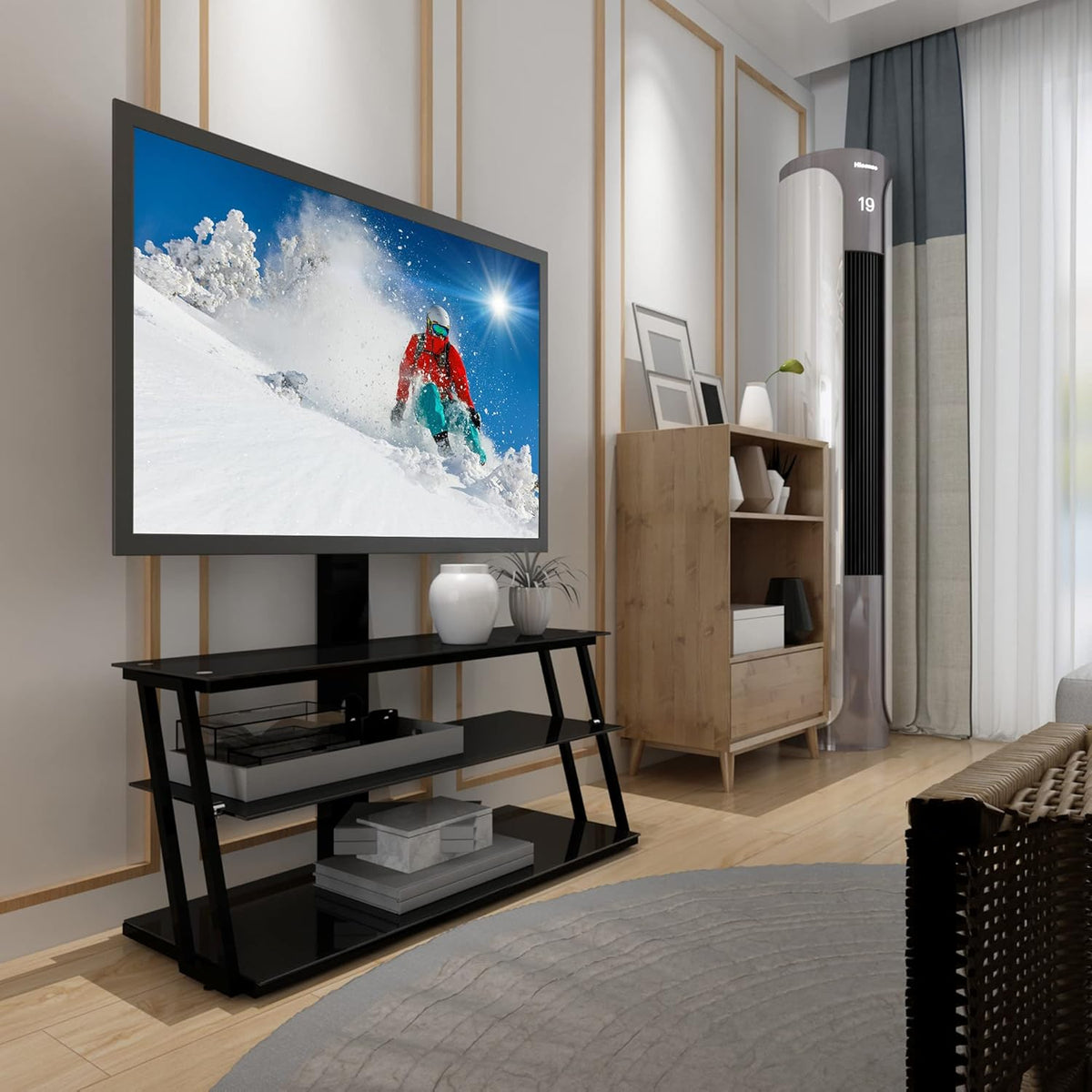 Swivel Floor TV Stand with Adjustable Tempered Wooden Shelves B789