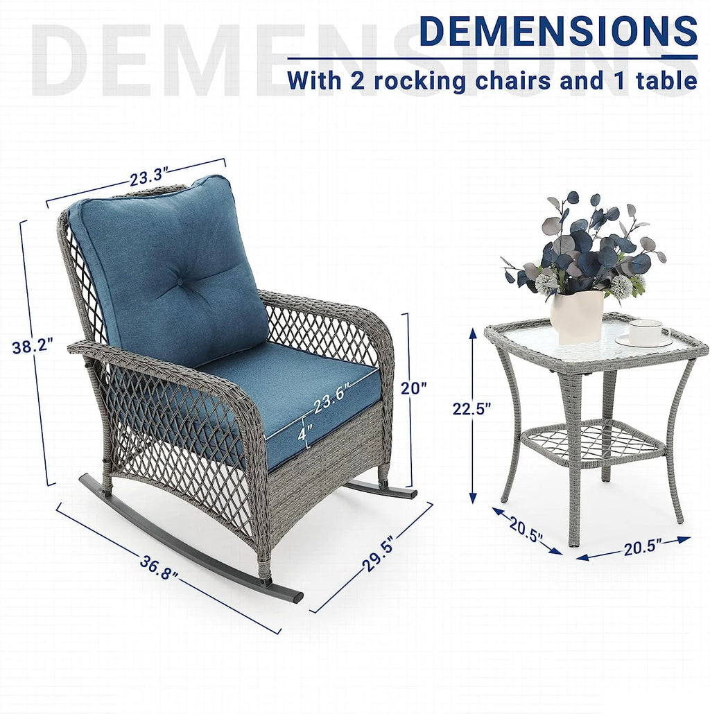 3-Piece Wicker Outdoor Rocking Chairs with Cushions and Table E613