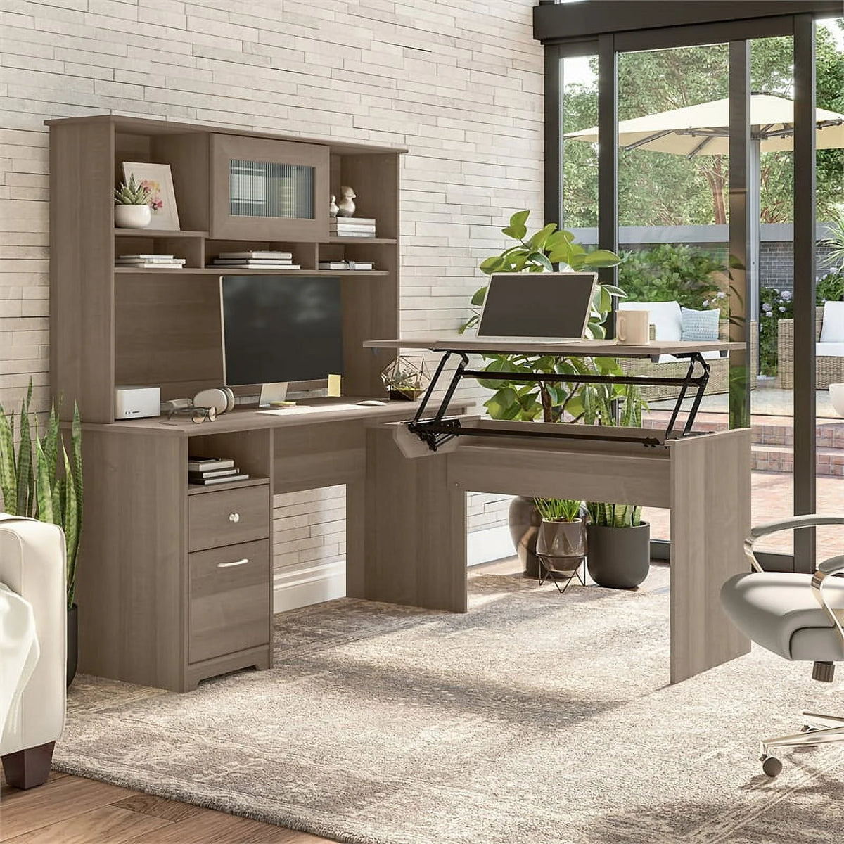 Ash Gray Engineered Wood Sit to Stand L Desk with Hutch X47279