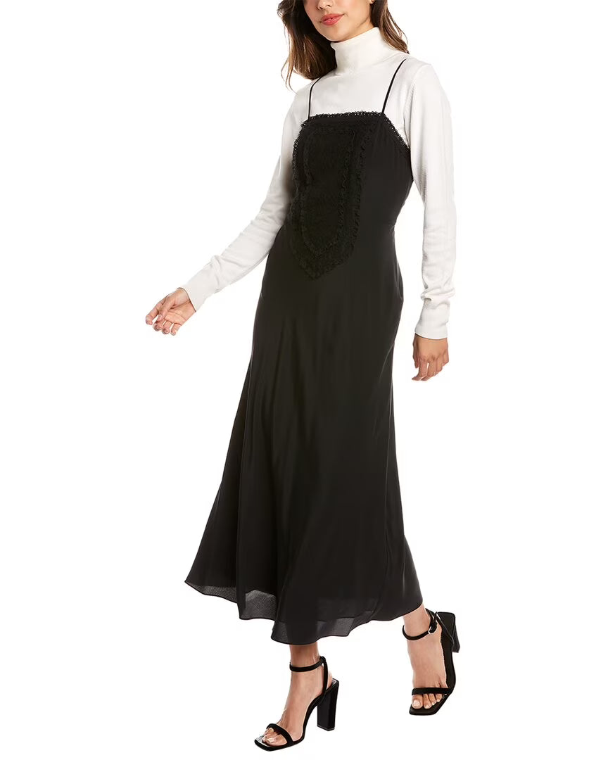 Black Patchwork Lace Silk Maxi Dress A53374