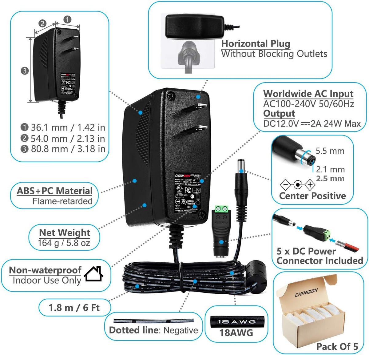 12V 2A 24W AC DC Switching Power Supply Adapter 5-Pack R27343