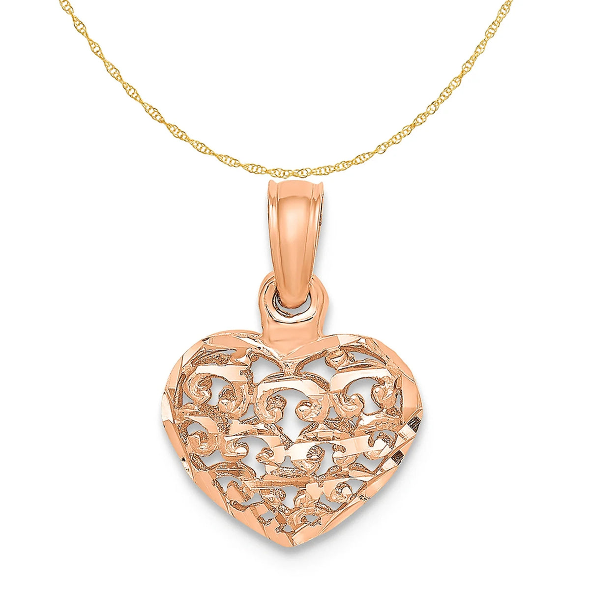 14K Rose Gold Polished Puffed Heart Pendant With 10K Yellow Gold Rope Chain 18" C24077