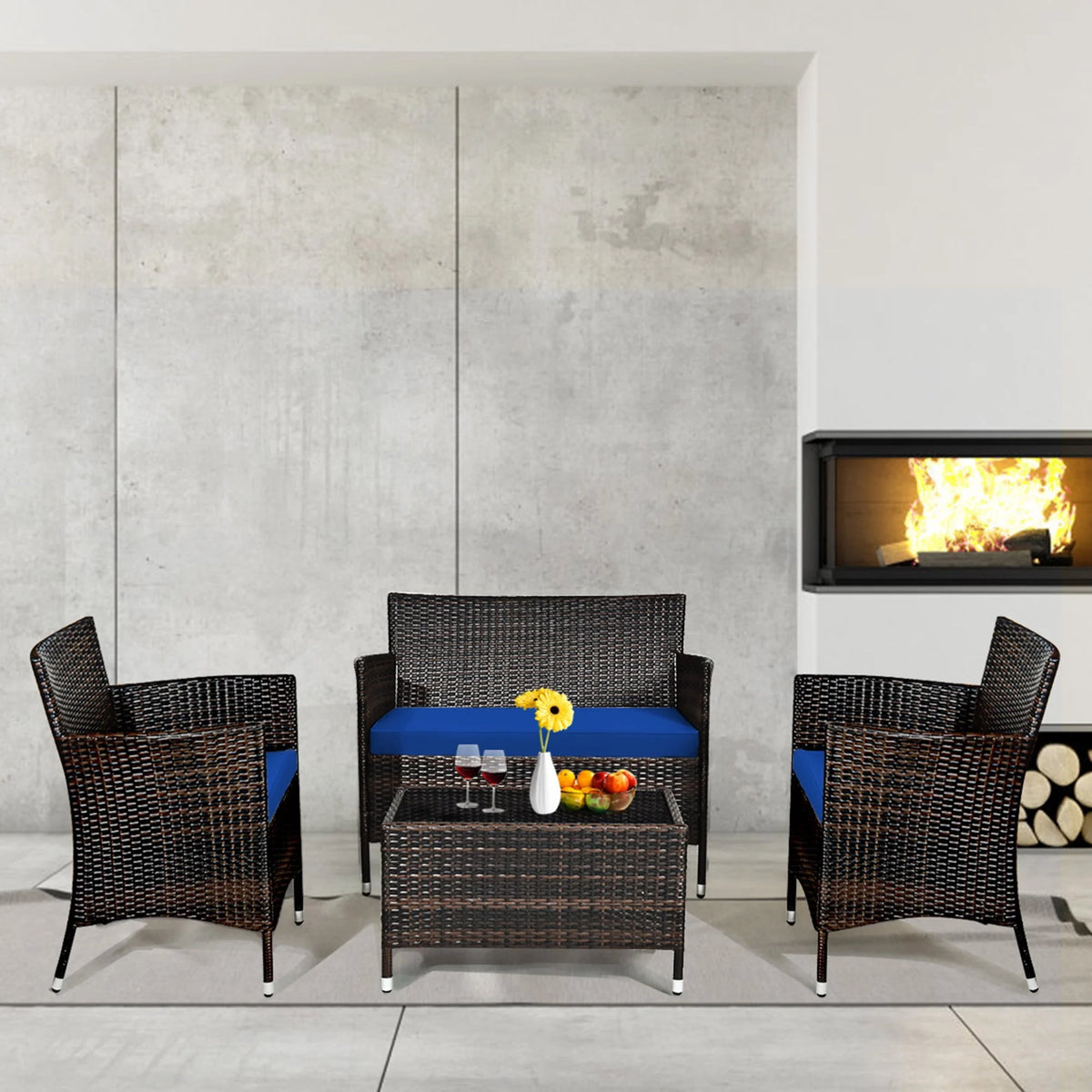 4 Pc Turquoise Cushioned Patio Rattan Conversation Furniture Set M945796