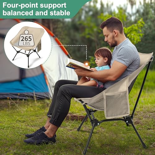 Lightweight Adjustable Folding Camping Chairs with Carry Bag and Side Pockets (Khaki) S38297