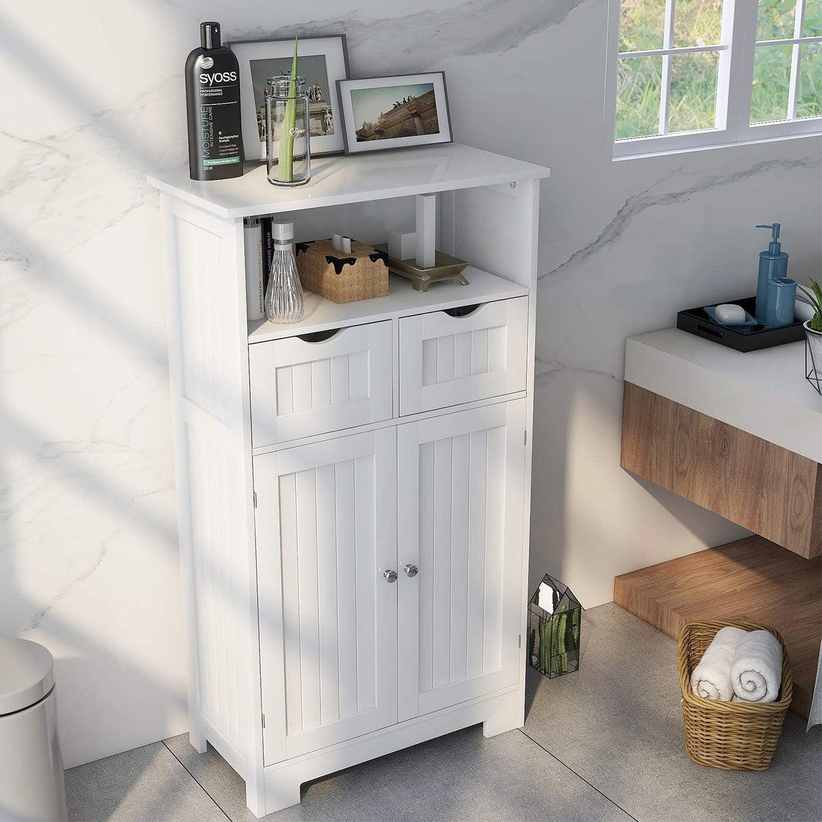 White Freestanding 2 Doors 2 Drawers Wood Bathroom Floor Cabinet E217406