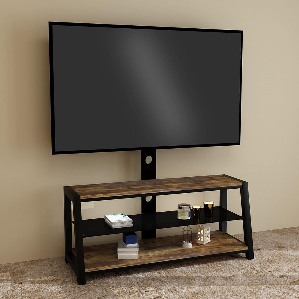Swivel Floor TV Stand with Adjustable Tempered Wooden Shelves B789