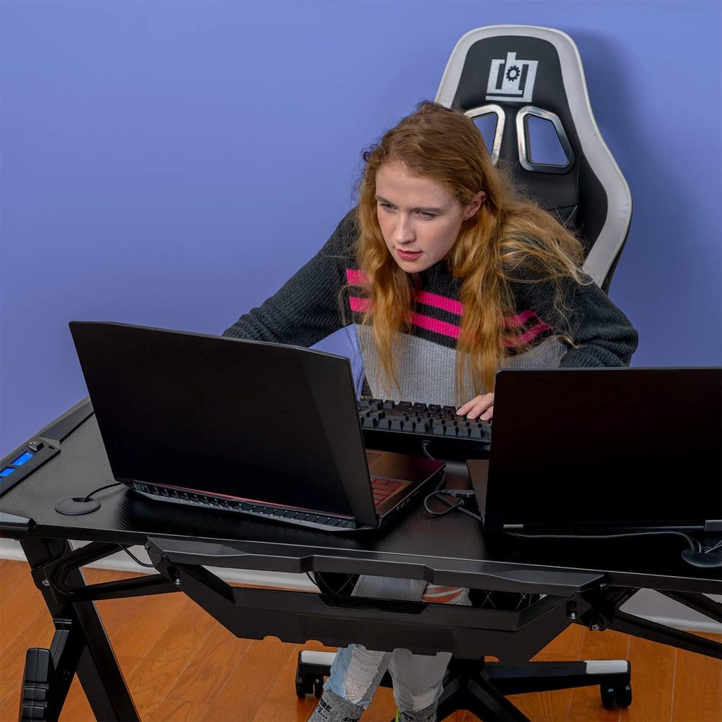 Ultrawide Curved LED Computer Desk, Waterproof Carbon-Fiber Surface, 6-Color RGB Lighting Accents, Cup Holder, 31.5 Mouse Pad X650412