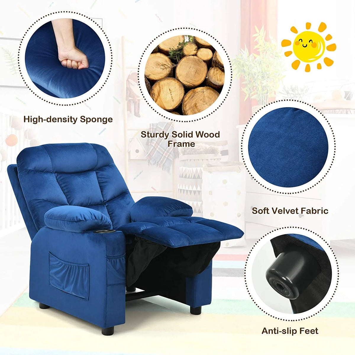 Kids Recliner Chair with Cup Holder Adjustable Velvet Lounge Chair w/Footrest & Side Pockets Ergonomic Toddler Furniture Sofa R8694