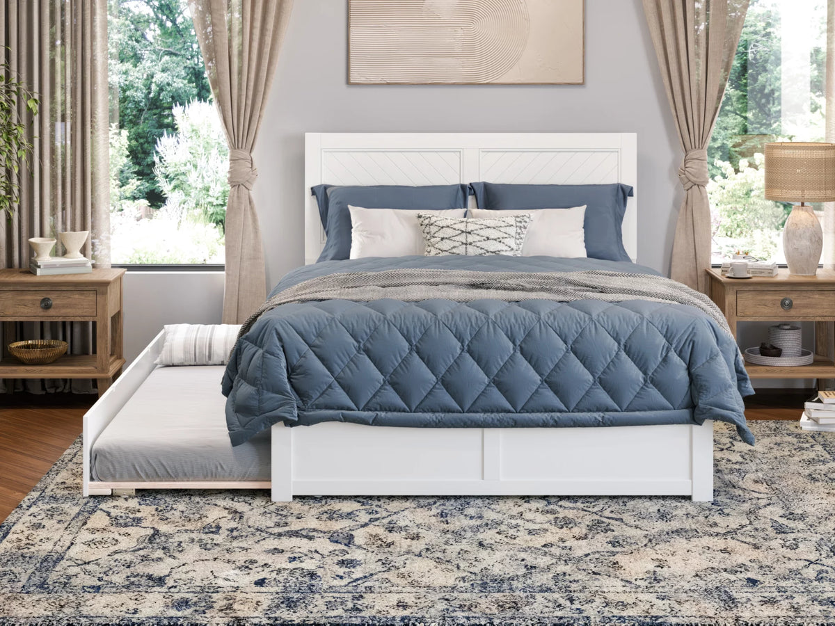 White Solid Wood Platform Bed with Footboard & Twin XL Trundle, Queen O125825