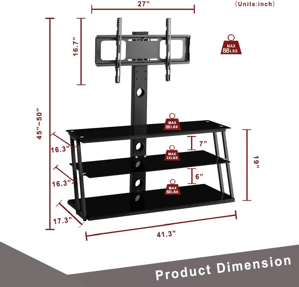 Swivel Floor TV Stand with Adjustable Tempered Wooden Shelves B789