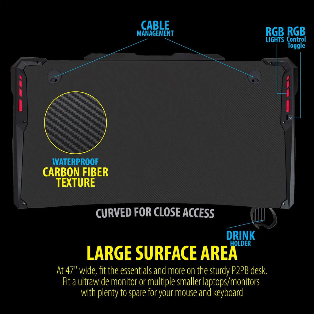Ultrawide Curved LED Computer Desk, Waterproof Carbon-Fiber Surface, 6-Color RGB Lighting Accents, Cup Holder, 31.5 Mouse Pad X650412