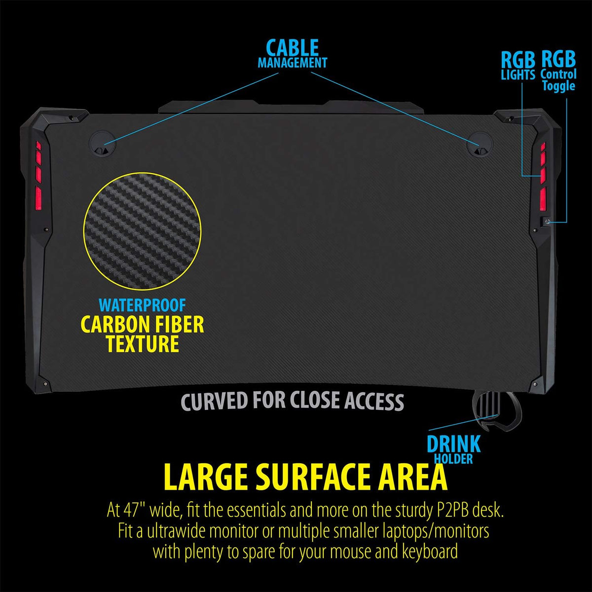 Ultrawide Curved LED Computer Desk, Waterproof Carbon-Fiber Surface, 6-Color RGB Lighting Accents, Cup Holder, 31.5 Mouse Pad X650412