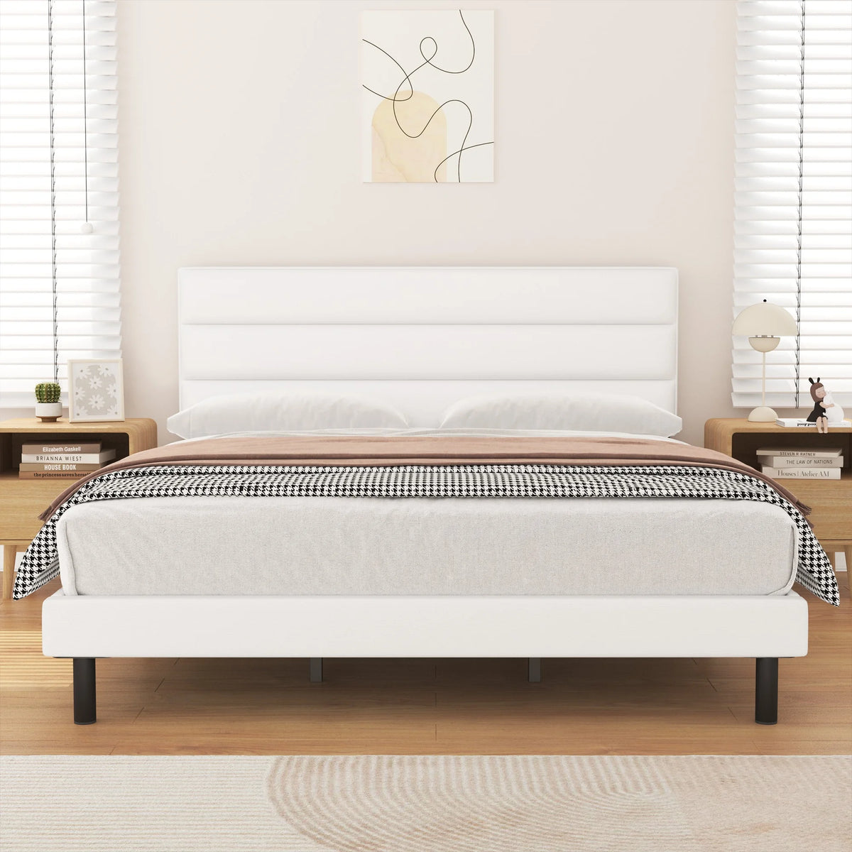 King Size Platform Bed with Wingback Fabric Upholstered Headboard B684455