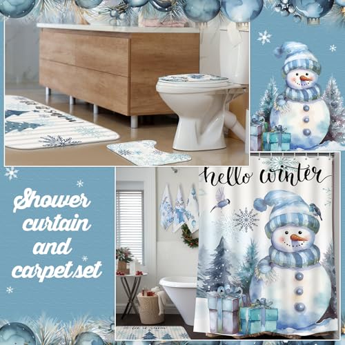 7 Pcs Christmas Shower Curtain Set Non Slip Waterproof Bathroom Accessories L6600