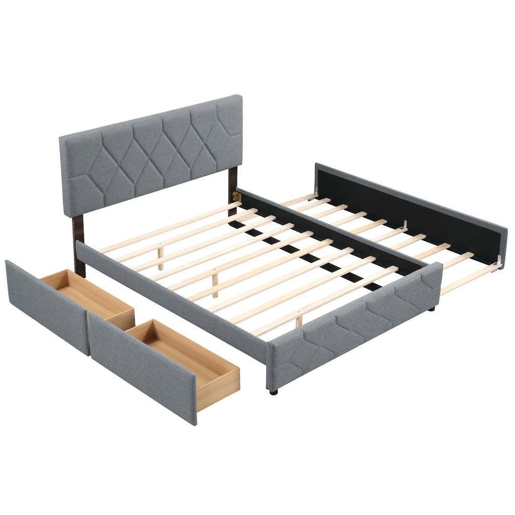Queen Upholstered Platform Bed with Twin XL Trundle and 2 Drawers N2195