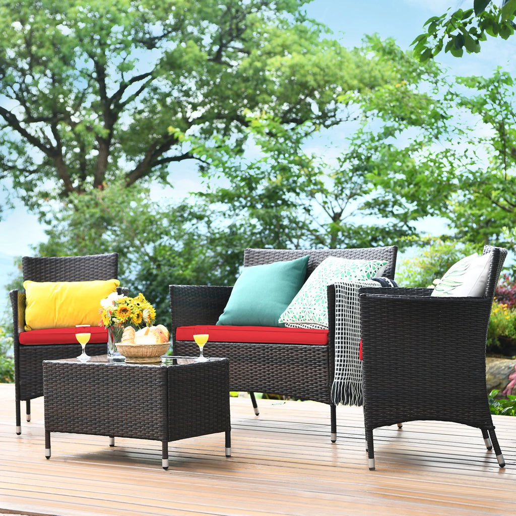 4 Pc Turquoise Cushioned Patio Rattan Conversation Furniture Set M945796