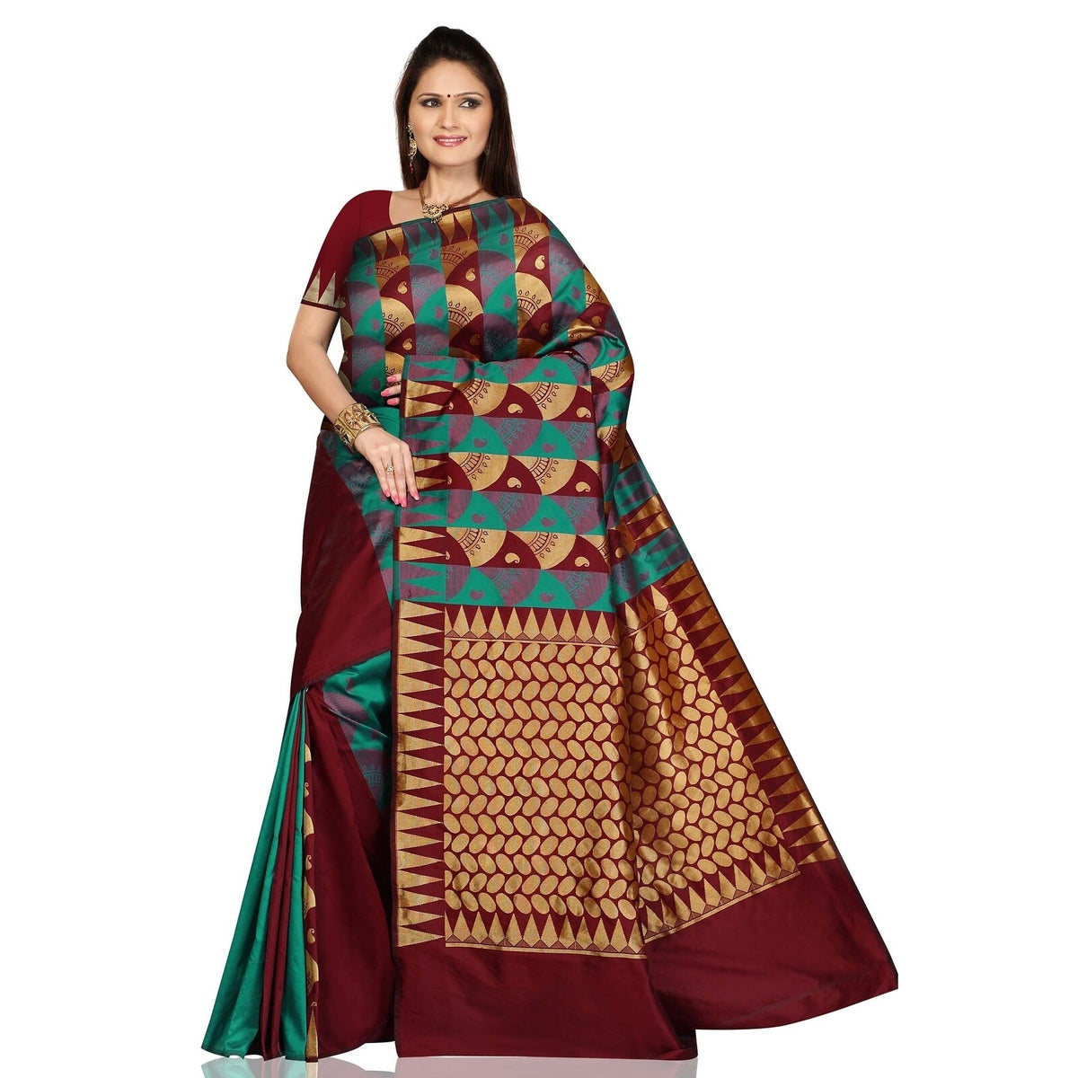 Turquoise Maroon Art Silk Sari Saree C1828