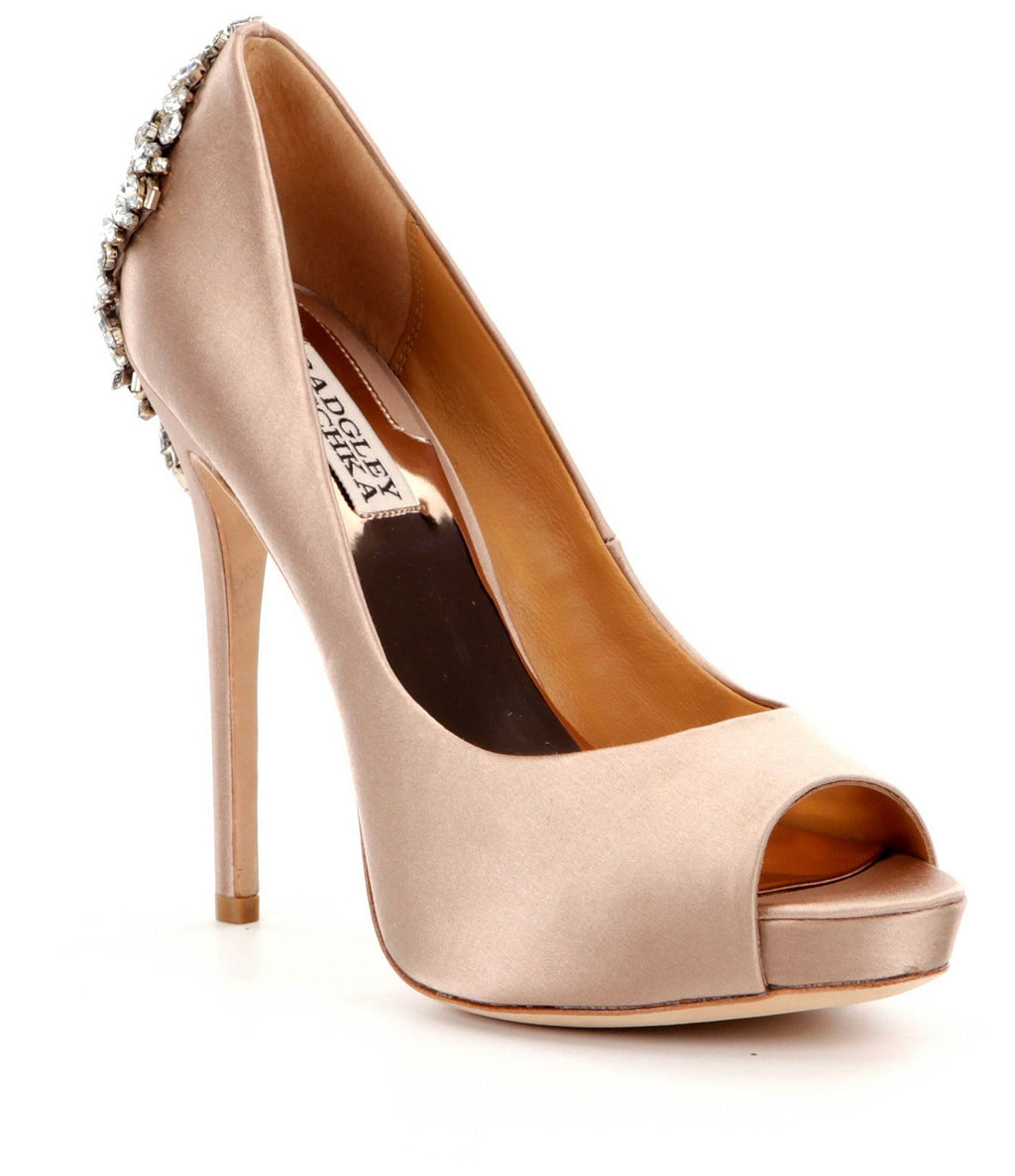 Latte Satin Embellished Peep-Toe Evening Pumps L917