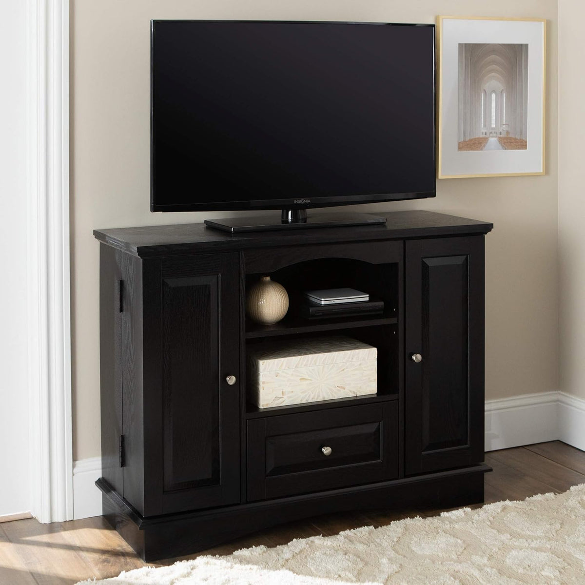 44 Inch Espresso Brown Wood TV Stand with Storage Cabinet O744