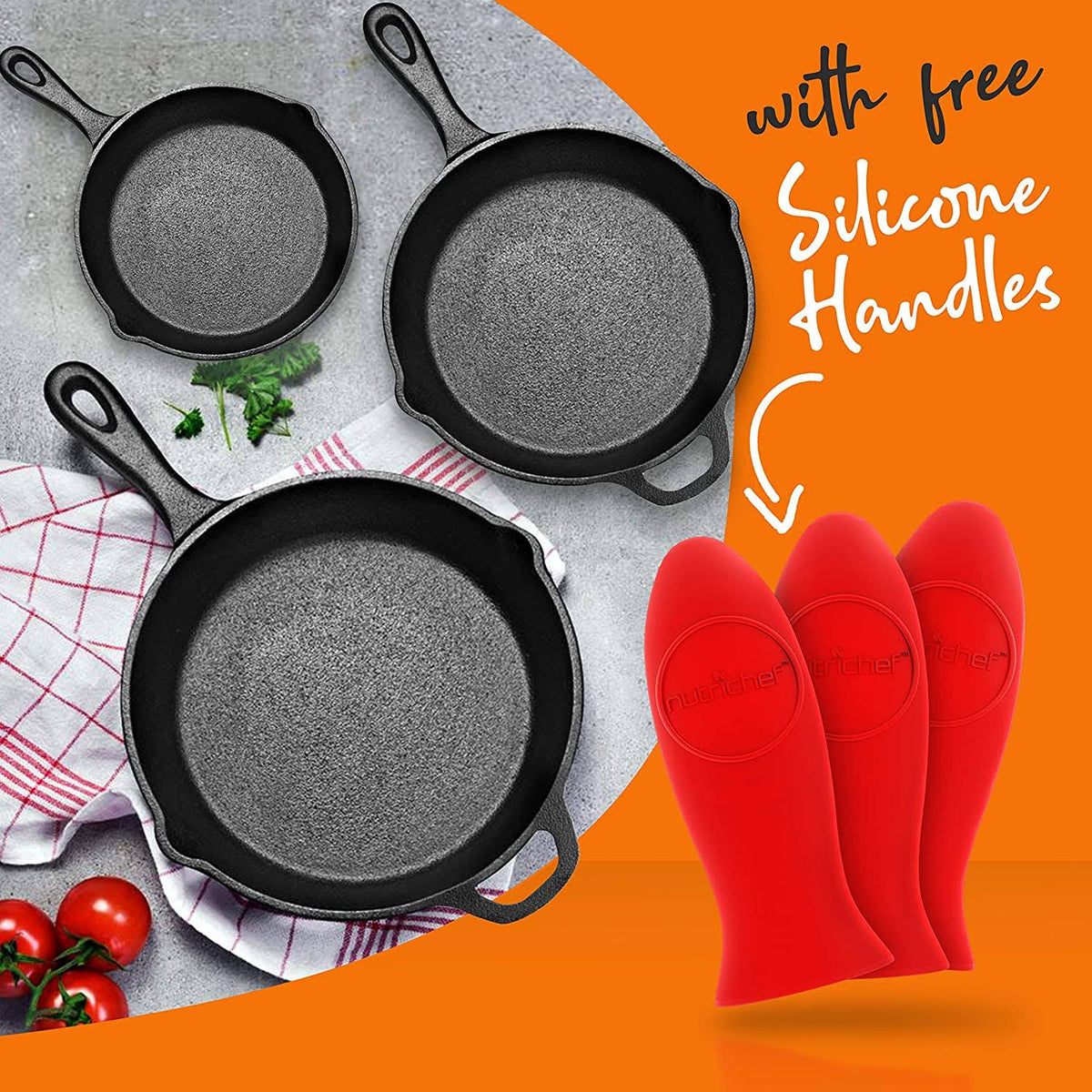 3 Piece Non Stick Cast Iron Skillet Fry Pan Set T854507
