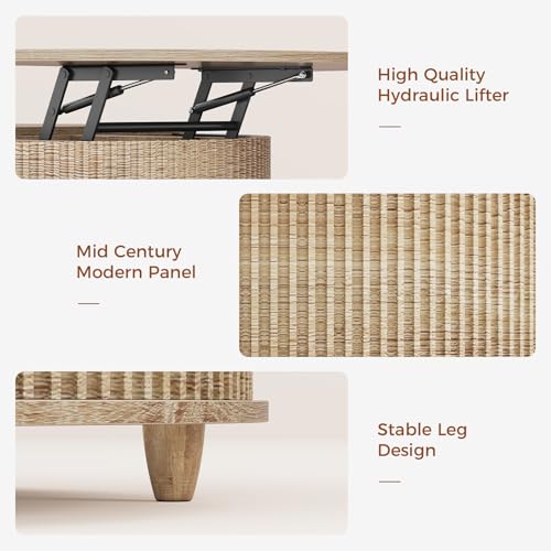 Round Lift Top Coffee Table with Hidden Storage and Open Shelves, Oak T41419