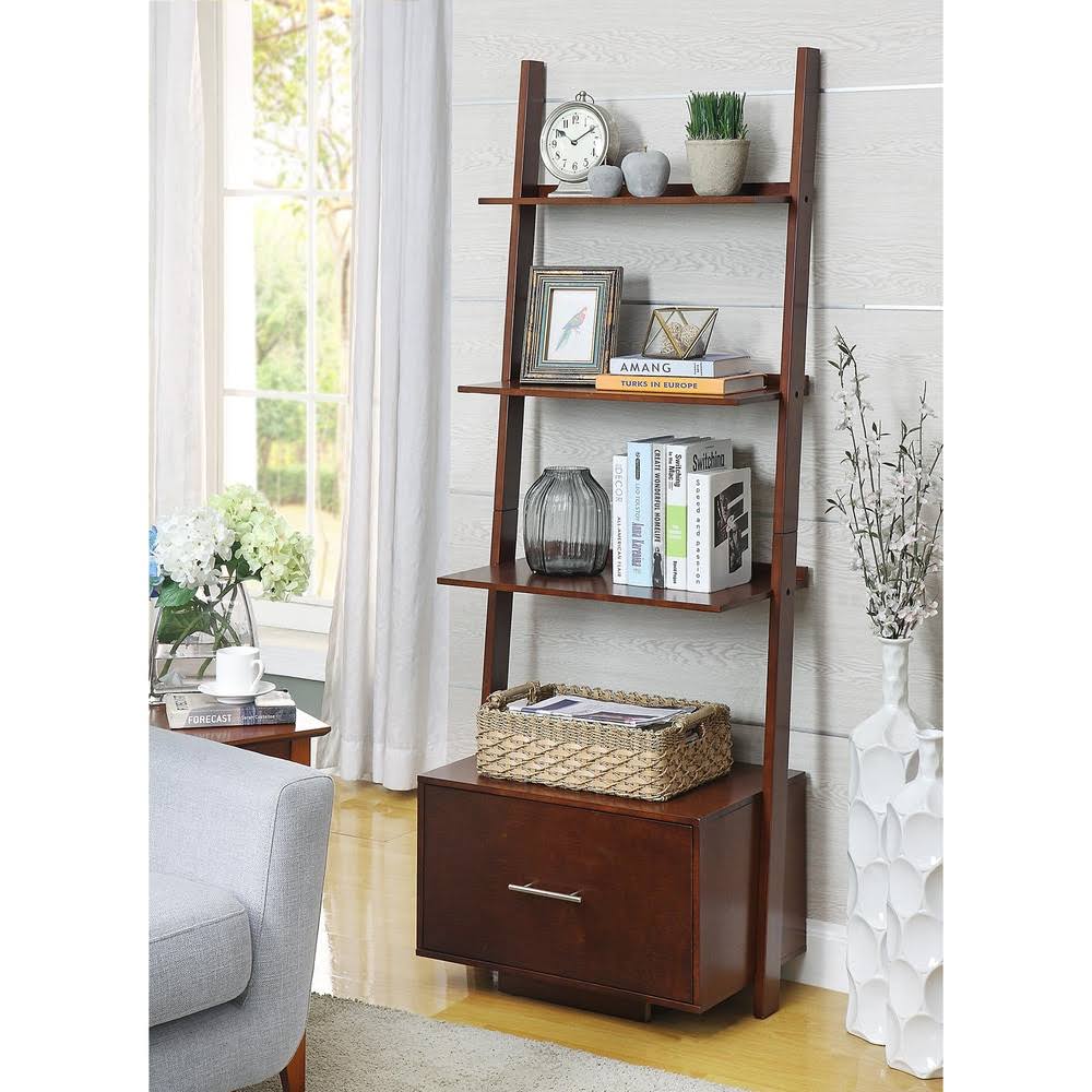 Dark Walnut Ladder Bookcase with File Drawer Q8120