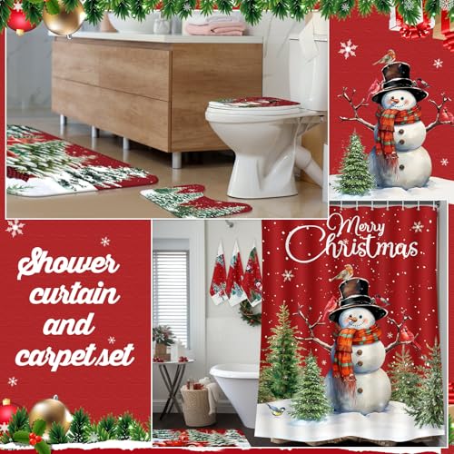 7 Pcs Christmas Shower Curtain Set Non Slip Waterproof Bathroom Accessories L6600