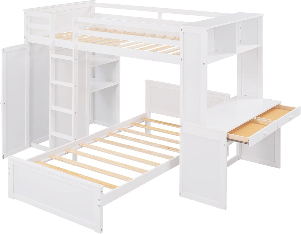 White Twin Wooden Bunk Loft Bed with Shelves Desk and Wardrobe D587