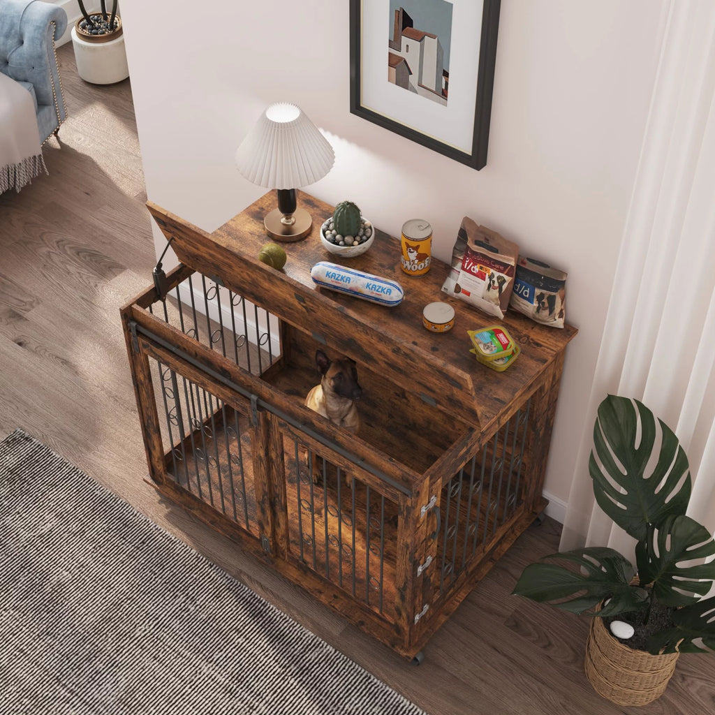 Large Wooden Dog Crate Furniture with Wheels Z21131