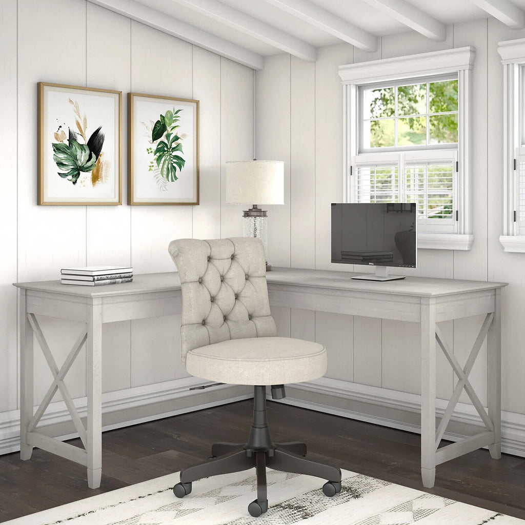 L Shaped Desk With Mid Back Tufted Office Chair E590
