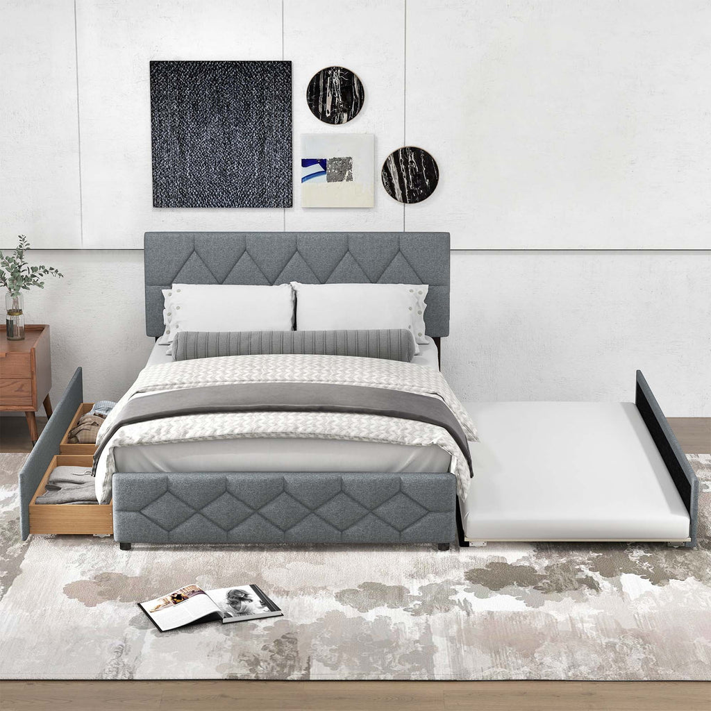 Queen Upholstered Platform Bed with Twin XL Trundle and 2 Drawers N2195