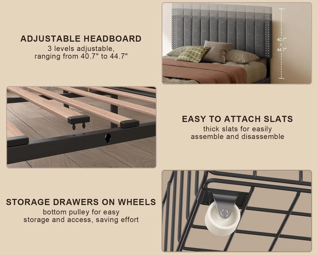 Full Bed Frame with 4 Drawers and Adjustable Headboard Dark Grey G4027